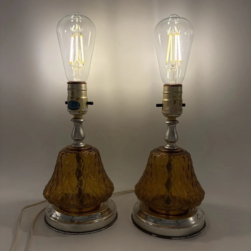 Two Pair Vintage Amber Glass Quilted Lamps Boudoir Bedroom Kitchen Tabletop